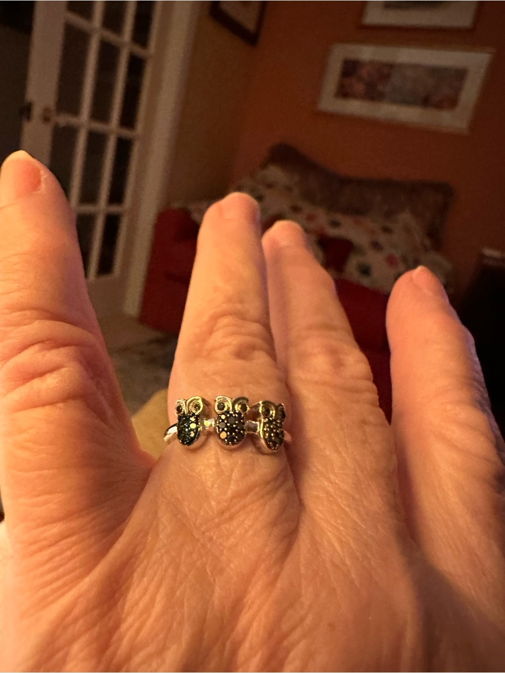 Sterling and gemstone Triple Owl Ring -